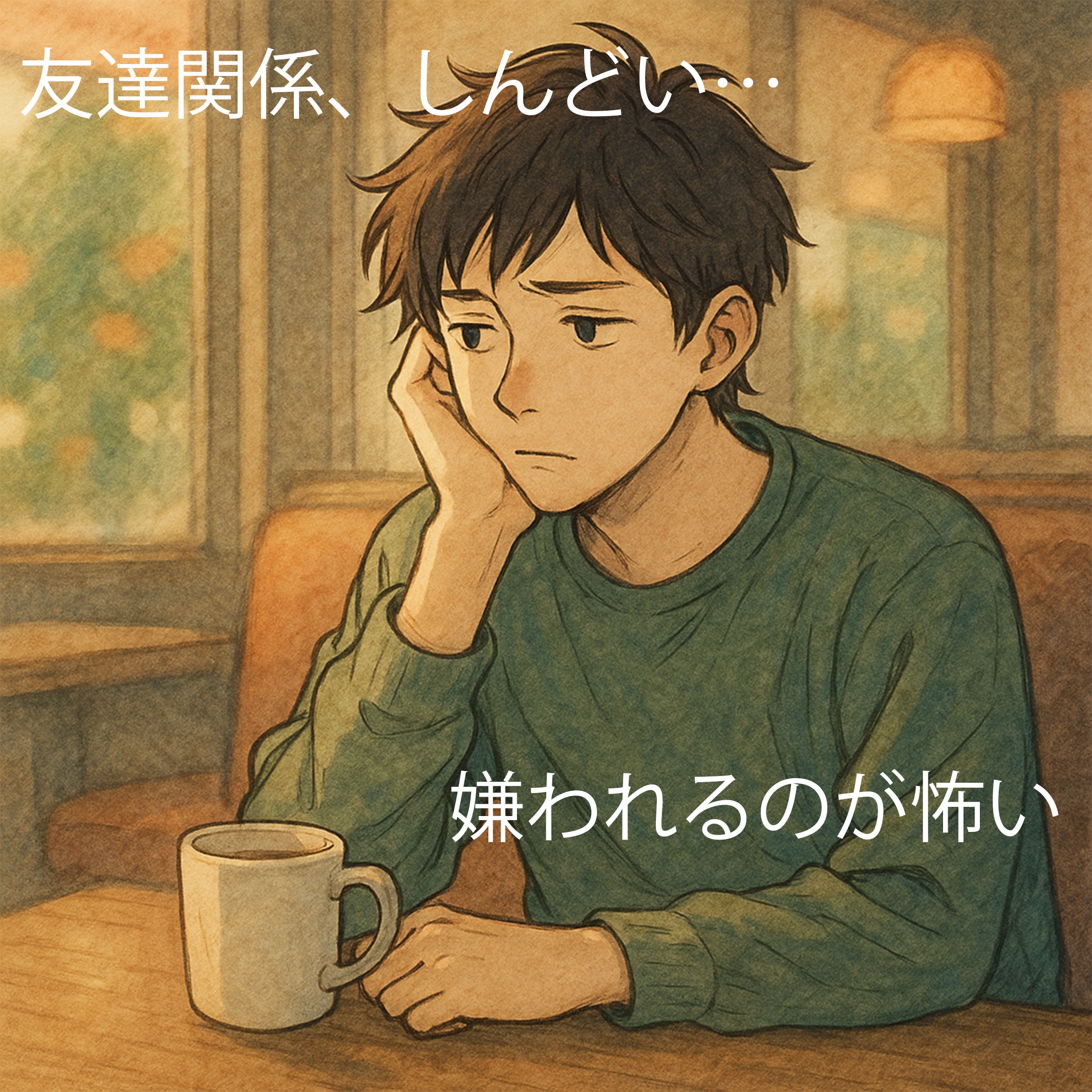 友達関係に悩んでいる男性のイラスト